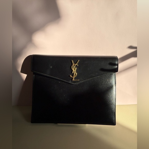 Yves Saint Laurent Black Leather Envelope Clutch Gold Logo - Picture 2 of 11